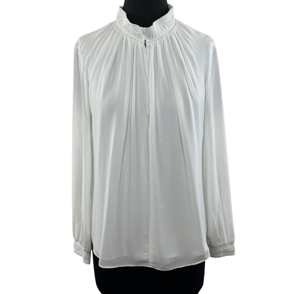 BABATON White Long Sleeve High Neck Shoulder Pleated Silky Blouse Sz M Medium